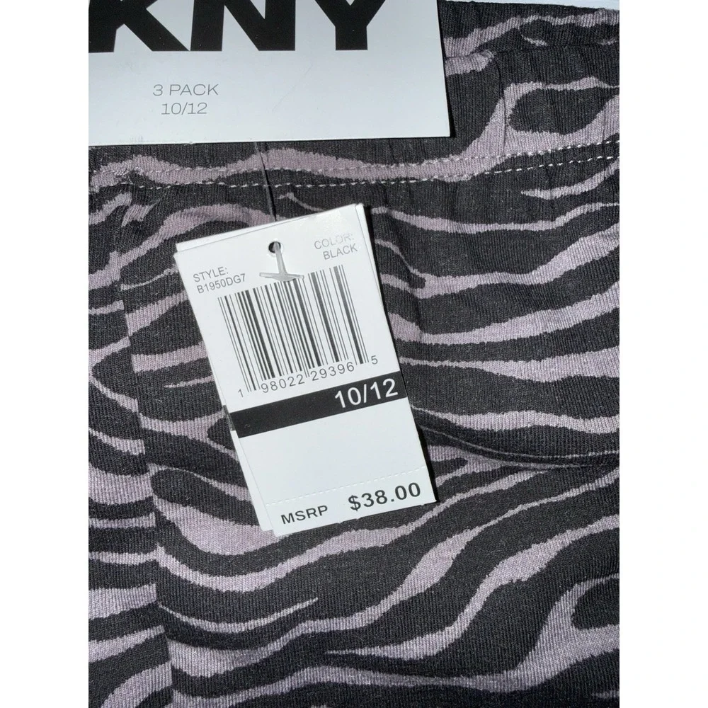 DKNY Girls 3-Pack Leggings 10-12 Black Gray Purple Zebra Stretch Pants Comfy NWT